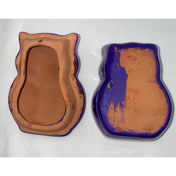 Hand Painted Red Clay Pottery Purple Owl Trinket Box - Picture 5 of 5